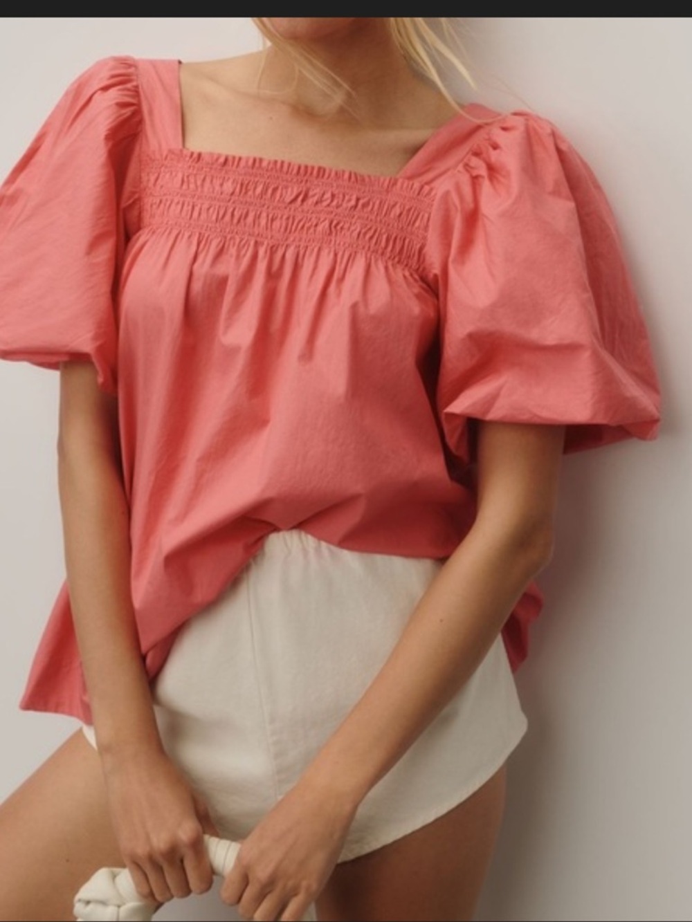 Maeve Pink Puff Sleeve Square Neck Blouse
